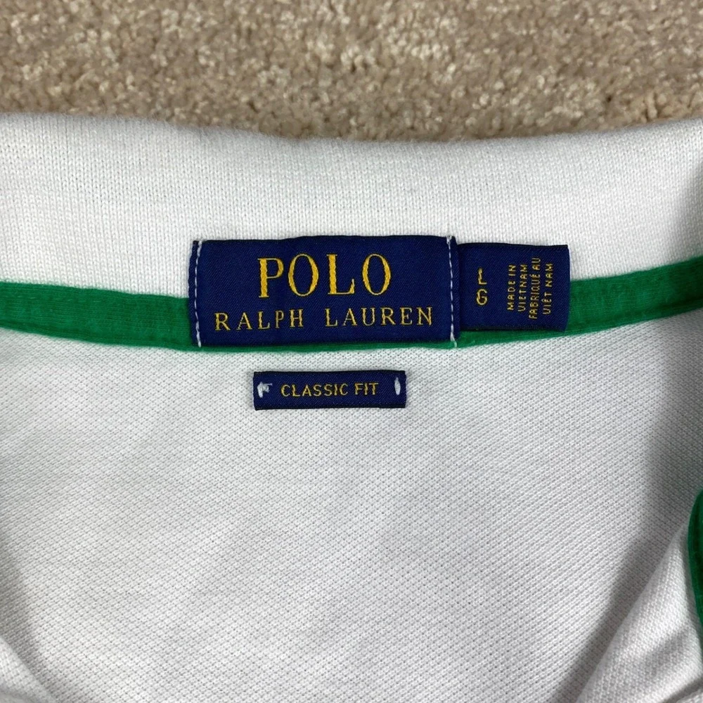 Polo Ralph‎ Lauren Mens White Classic Fit Pique Polo Shirt Large Red Blue Trim